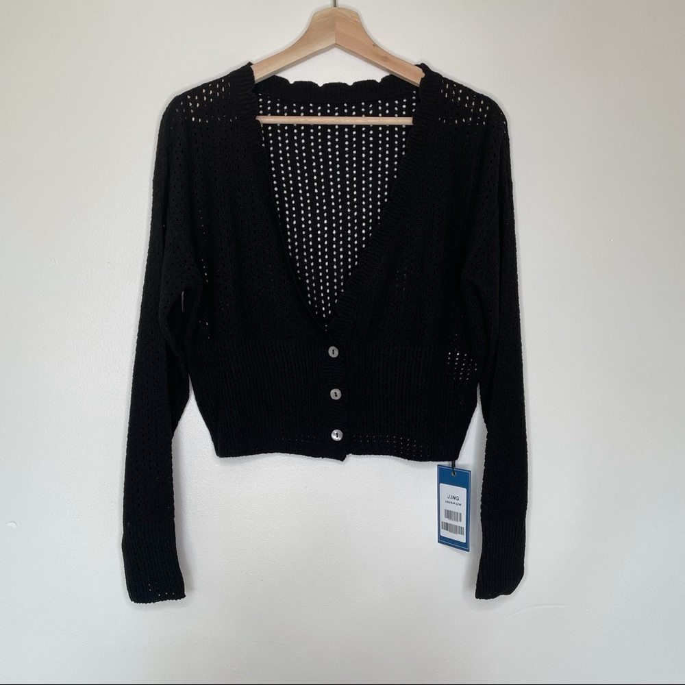 J.ING Black Crop Cardigan Open Knit Long Sleeve V-neck Button Small Medium NWT